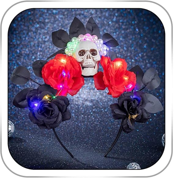 Light Up Halloween Headband Skull Flower Crown Headbands Day of the Dead Headpieces Glitter Costume Hair Accessories for Women - sugar skull flower crown