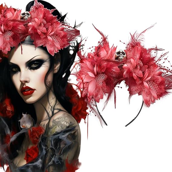 Halloween Skull Flower Headband Red Flower Crown Gothic Horror Headwear for Party Costume Cosplay Headwear Day of the Dead Floral Headpiece Hair Accessories for Women - sugar skull flower crown