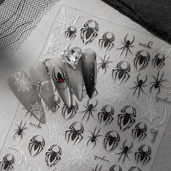 Horror Spider Nail Art Stickers - 5D Embossed Luxury Nails Decals, Scary Gothic Design, Black White Spider Web, Manicure Decoration Accessories, 2 Sheets - sugar skull nail art