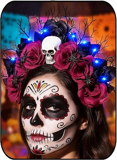 Formery Light Up Rose Halo Crown Black Day of the Dead Skull Flower Headband Halloween Branch Gothic LED Headpiece for Women - sugar skull flower crown