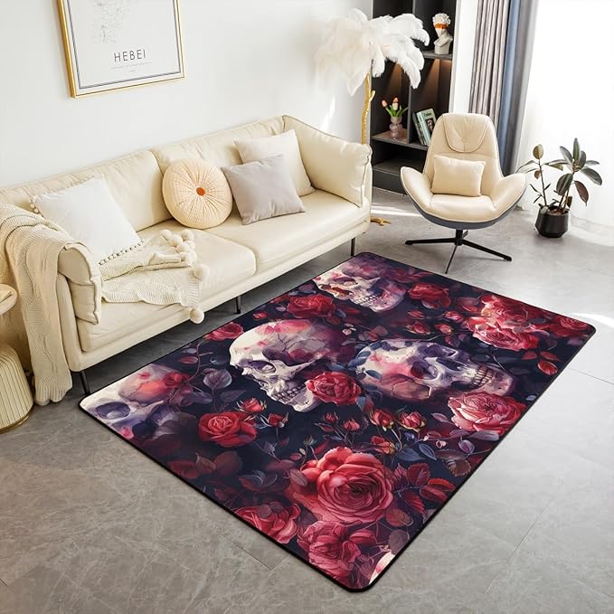 Feelyou Kids Sugar Skull Living Room Rugs Skull Floral Print Area Rug 5x7 for Teens Boys Girls Room Decor Gothic Skull Skeleton Decorative Carpet Happy Halloween Accent Rug - sugar skull area rug