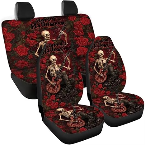 Rose Skull Automotive Seat Cover 3 Pieces Car Seat Cover Front and Rear Split Bench Seat Cover Full Set Car Seat Cover Anti Slip Car Seat Protector - sugar skull car pet seat cover