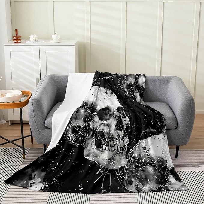 Feelyou Sugar Skull Plush Blanket Halloween Skeleton Skull Flannel Fleece Throw Blanket Halloween Decor Cute Skull Fuzzy Blanket Queen 90"x90" Warm Cozy - sugar skull throw blanket