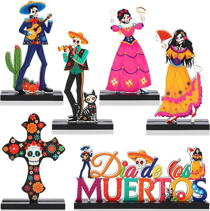 Jansun 6 Pack Day of The Dead Decorations Wood Centerpiece Table Decorations Sugar Skull Calacas Dia De Los Muertos Decorations for Halloween Party Mexican Fiesta Ofrenda Decorations - sugar skull christmas ornament