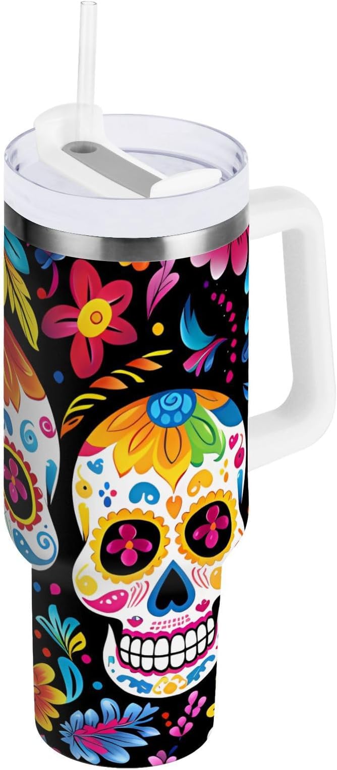 40 oz Car Tumbler Cup with Handle and Straw Lid for Water,Iced Tea or Coffee Cute Sugar Skull with Flowers Travel Mug Home Work Office Stainless Steel Water Bottle - sugar skull tumbler with straw