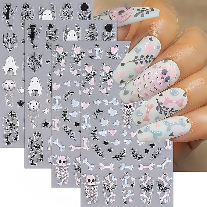 4 Sheets Halloween Skull Nail Art Stickers Cute Ghost Spider Web Cats Nail Decals 5D Micro-Embossed Self-Adhesive Halloween Horror Skeleton Nail Designs Accessories for Women Holiday Manicure Decor - sugar skull nail art