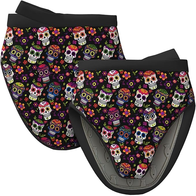 2 Pcs Mini Silicone Oven Mitts Sugar Skulls Flowers Heat Resistant Grill Gloves with Hanging Loop, Halloween Hippie Little Kitchen Mittens for Cooking Baking BBQ - sugar skull oven mitts