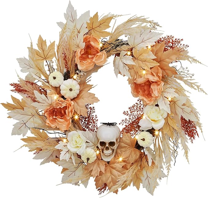 GarveeHome 22 in Halloween Skull Wreaths for Front Door, Fall Maple Leaves Wreath with Lights White Pumpkins Roses, Halloween Decorations for Porch Window Indoor Outdoor Decor - sugar skull wreath for front door
