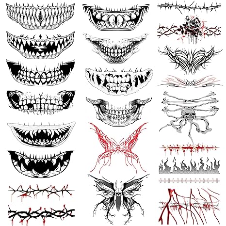 Tazimi Halloween Black Skull Mouth Temporary Tattoos Scary Neck Wound Fake Scar Realistic Tattoo Stickers Scary Scar Wound Zombie Mouth Tattoos for Halloween Trick Role-play Cosplay - sugar skull temporary tattoo