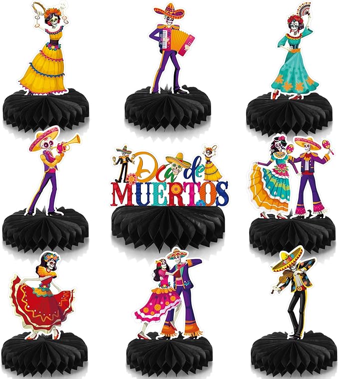 Containlol 9 Pcs Dia De Los Muertos Decorations Day of The Dead Honeycomb Centerpieces Sugar Skull Table Decorations Day of The Dead Party Decorations for Halloween Dia De Los Muertos Party Supplies - sugar skull figurine collectible
