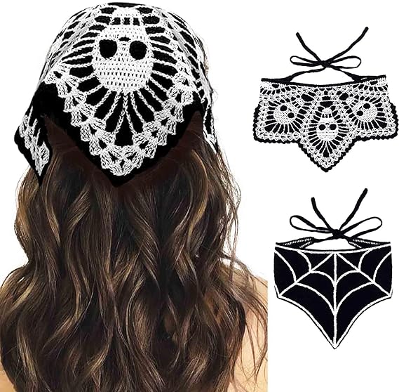 Acenail Black Skull Headbands Crochet Bandanas Headband Web Gothic Head Scarf Halloween Hair Accessories for Women 2Pcs - sugar skull flower crown