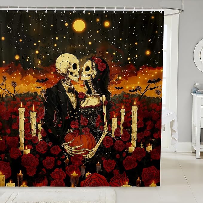 Feelyou Halloween Sugar Skull Fabric Shower Curtain for Adult Couple Boys Girls Red Rose Shower Curtain Candle Bathroom Waterproof Accessories with 12 Hooks Romantic Curtains,72x78 Inches - sugar skull candle holder