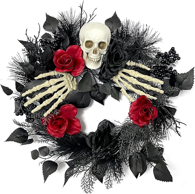 Halloween Skull Wreath with Hands, Red and Black Artificial Roses and Plants, 16 Inch Gothic Garland Creepy Decor for Home Front Door and Window - sugar skull wreath for front door