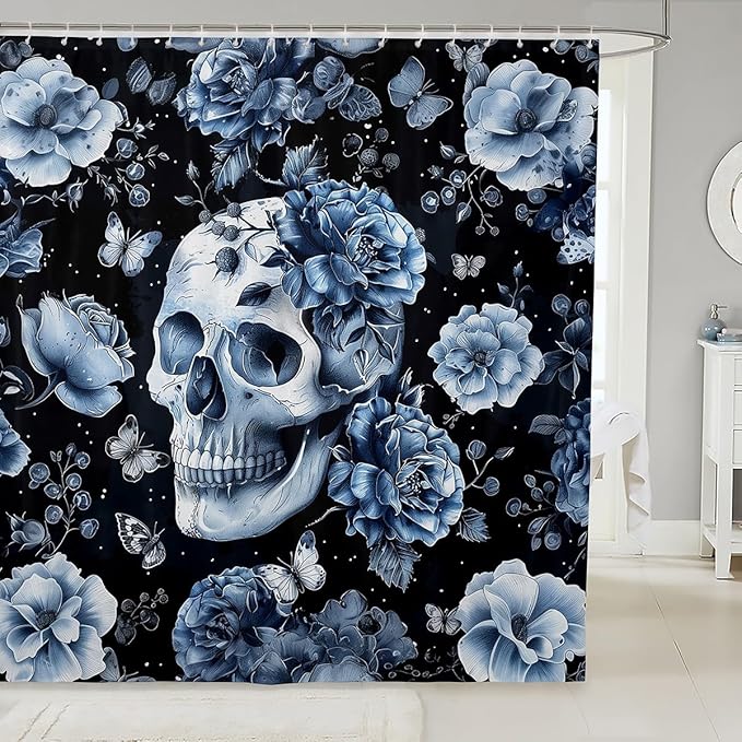 Feelyou Sugar Skull Fabric Shower Curtain Gothic Skull Shower Curtain for Adult Kids Boys Girls Blue Floral Bathroom Waterproof Accessories with 12 Hooks Butterfly Curtains,72x72 Inches - sugar skull shower curtain set