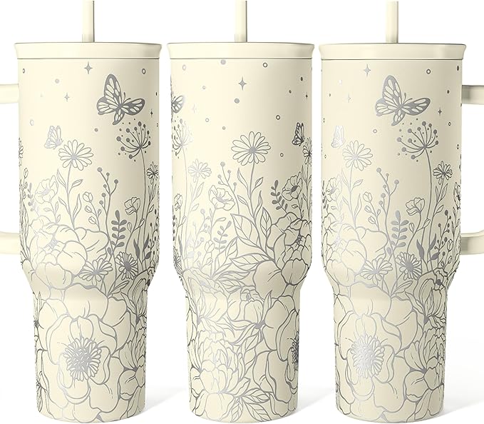 SANDJEST Floral Tumbler with Handle 40oz, Stainless Steel Insulated Tumblers Coffee Travel Mug Cup with Straw, Flower Coffee Cup Gifts for Women Girls, Gift for Her on Christmas Birthday Mothers Day - sugar skull coffee cup