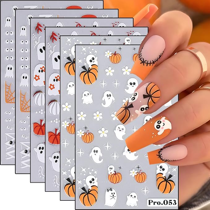 6 Sheets Halloween Skull Nail Art Stickers Decals 3D Self-Adhesive Halloween Spider Web Spider Nail Decals Spooky Ghost Pumpkin Nail Decoration Nail Supplies for Women Girls DIY Nail Art Designs - sugar skull nail art