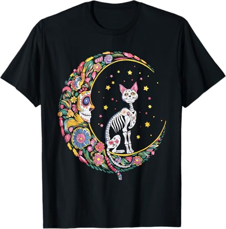 Sugar Skull Cat Moon Dia De Los Muertos - sugar skull t-shirt womens