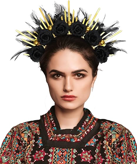 Zivyes Halloween Halo Crown Skull Crown Gothic Headpiece Witch Costume Day of The Dead Feather Headband for Women - sugar skull flower crown