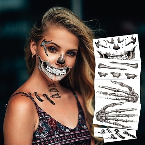 6-Pack Skull and Bone Temporary Tattoos for Men and Women, Adults – Skeleton Face, Hand, Snake, and Collarbone Tattoos for Halloween Costume Cosplay and Party Makeup, Face Sticker - sugar skull temporary tattoo