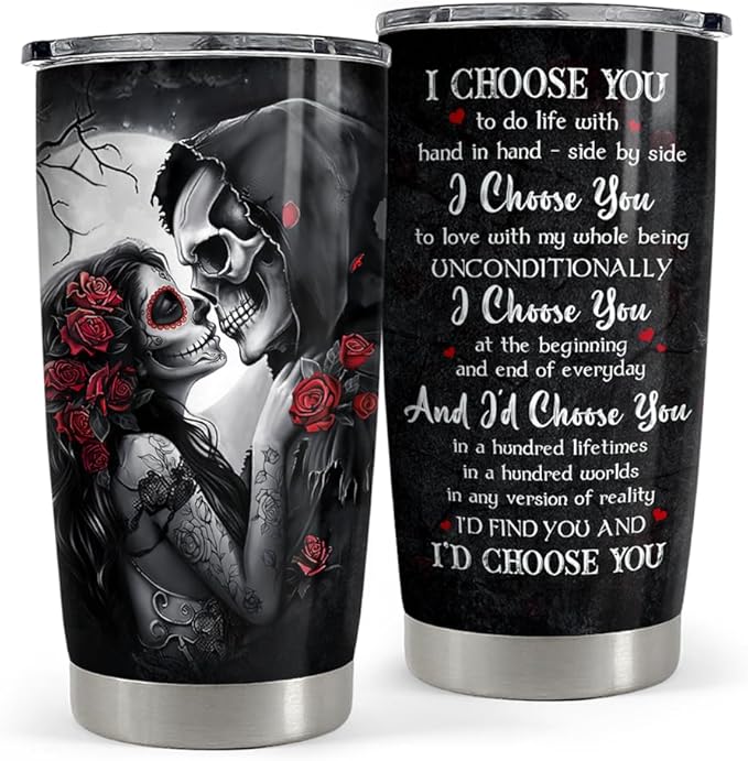 Skull Couple Tumbler 20oz Stainless Steel Insulated Coffee Travel Cup Tumblers Gifts for Wife Husband Boyfriend Girlfriend on Birthday Christmas Valentines Anniversary - sugar skull tumbler with straw
