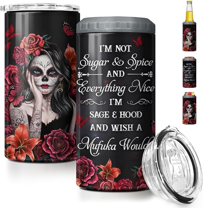 SANDJEST Sugar Skull Tumbler Sugar And Spice 4 in 1 12oz Tumbler Can Cooler Coozie Skinny Stainless Steel Tumbler Gift for Women Girl Friends Christmas Birthday Halloween - sugar skull wallets for women
