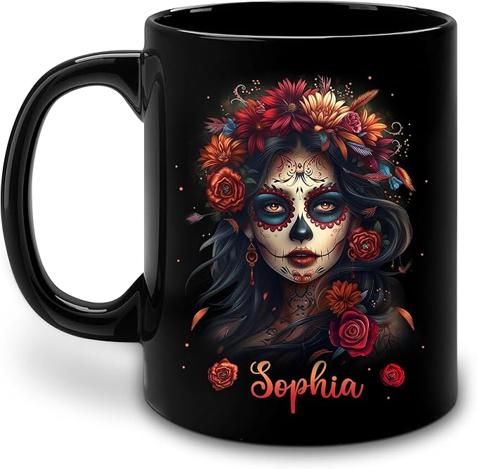 Hyturtle Personalized Floral Sugar Skull Mug - Gothic Sugar Skull Gifts For Women - Birthday Mothers Day Gift For Lovers - Day of the Dead Present Decor - Custom Coffee Cup Ceramic Mug 11 oz 15 oz - sugar skull beach towel