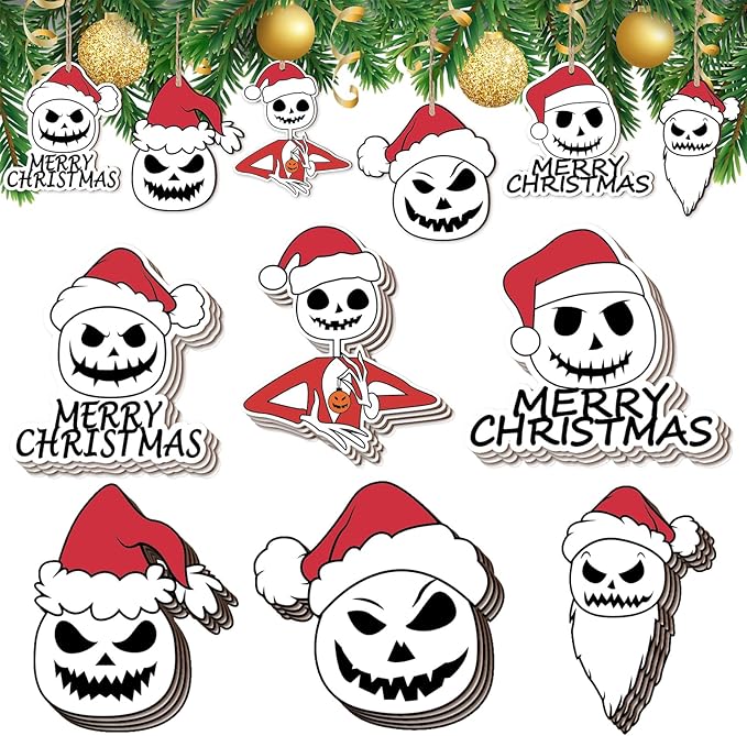 Bucherry 24 Pcs Scary Christmas Tree Hanging Ornaments Hanging Skull Heads Santa Hat 2.75 Inch Spooky Skeleton Head Christmas Tree Ornament Christmas Tree Decoration for Holiday Party - sugar skull christmas decorations