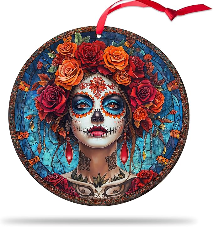 Sugar Skull Lady Ornament for Christmas Tree Hanging Car Charm, Dia De Los Muertos Decorations, Day of The Dead Women Tattoo Wood Christmas Ornaments 2025, Gifts for Tattoo Artist Catrina - sugar skull temporary tattoo