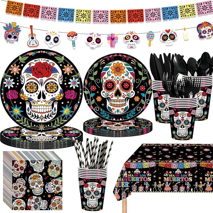 195Pcs Day of the Dead Party Supplies,Dia de Los Muertos Decorations,Skull Party Plates Napkins Cups Knives Forks Spoons Party Decoration for Mexican Fiesta Halloween Birthday Party - sugar skull plates set