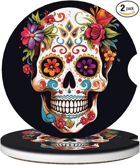 2pcs Car Coaster Sugar Skull Floral Absorbent Car Coaster Absorbent Drink Coaster for Car Decor Auto Accessories - sugar skull car floor mats