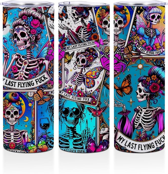 Funny Gifts Skull 20 oz Skinny Tumbler Stainless Steel Slim Insulated Tumblers Straight Tumbler Cups Coffee Mug Thermal Travel Cup with Lid, Birthday Witchy Gifts for Women, Sarcastic Tarot Cards - sugar skull tumbler with straw