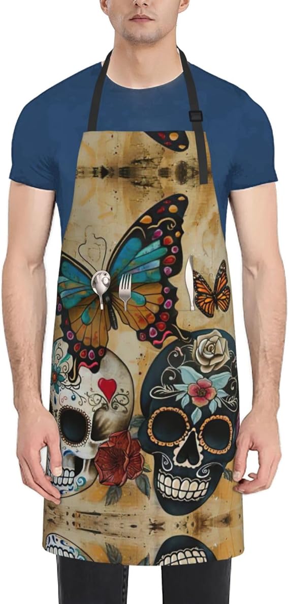 sugar skulls butterfly print Oxford Cloth Apron, Painting Aprons for Adults, Cooking Chef Grill Baking BBQ Apron - sugar skull apron for women