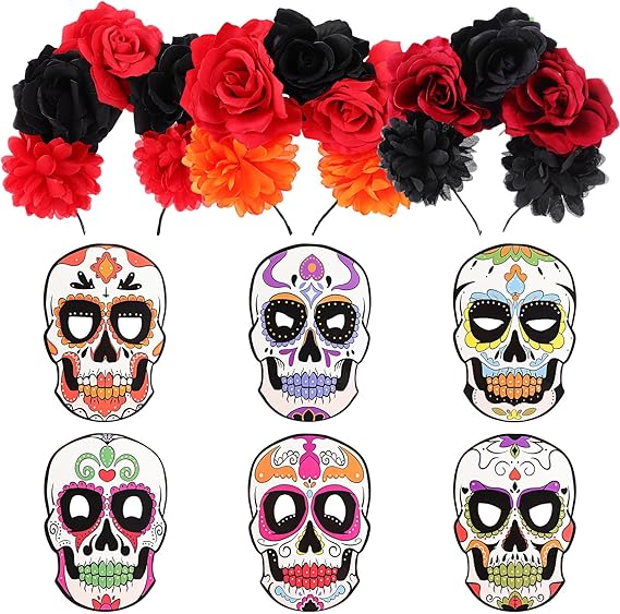 Hoteam 3 Pcs Day of the Dead Headbands and 6 Pcs Sugar Paper Mask Skull, Dia De Los Muertos Decorations Mexican Rose Flower Crown for Halloween Women Adult Cosplay Costume - sugar skull flower crown