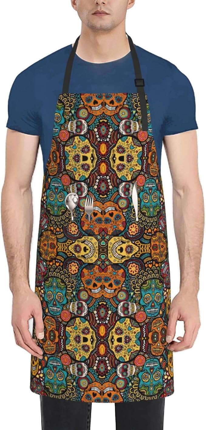 Colorful Sugar Skulls print Apron, Aprons with Adjustable neck Straps, Oxford Cloth Aprons for Cooking Baking - sugar skull apron for women
