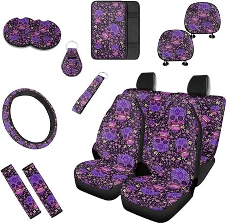 Mexican Sugar Skulls Car Seat Covers Day of The Dead Decor for Car Universal Accessories 13 Pcs Set, Folk Art Candy Skull Floral Car Accessories for Auto Trucks Van SUV - sugar skull car seat covers set