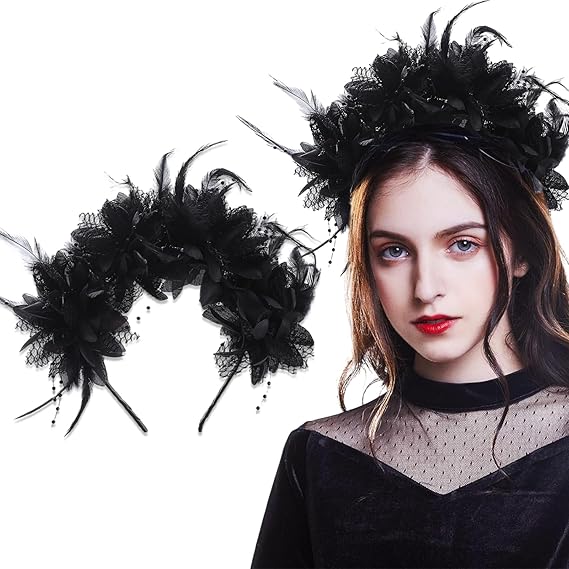 Halloween Headband Flower Feather Lace Women Gothic Hair Accessories Headpiece Party Photo Props Decoration Supplies - sugar skull flower crown