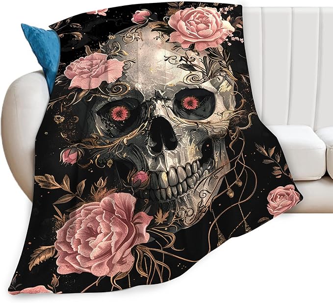 Skull Roses Throw Blanket - Skeleton Gifts and Decor - Soft, Warm, Cozy Fleece Blanket for Couch, Sofa, Bed - 50"x40" - sugar skull throw blanket