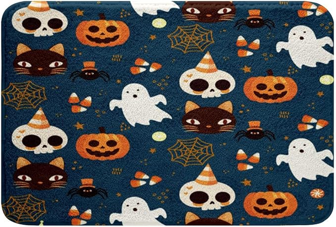 Erosebridal Halloween Pumpkin Bath Mat for Boys, Gothic Ghost Doormats Floor Mats Sugar Skull Bathroom Rugs 16"X 24",Cat Animal Spider Candies Entryway Rug for Kids Teens, Dark Blue - sugar skull floor mat