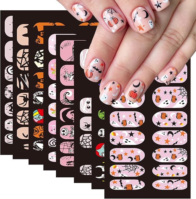 8 Sheets Halloween Nail Wraps Stickers DIY Self-Adhesive Nail Art Decals Full Wraps with Pumpkin Bat Spider Skull Designs Halloween Decals Manicure Decor for Women Nail Accessories - sugar skull nail art