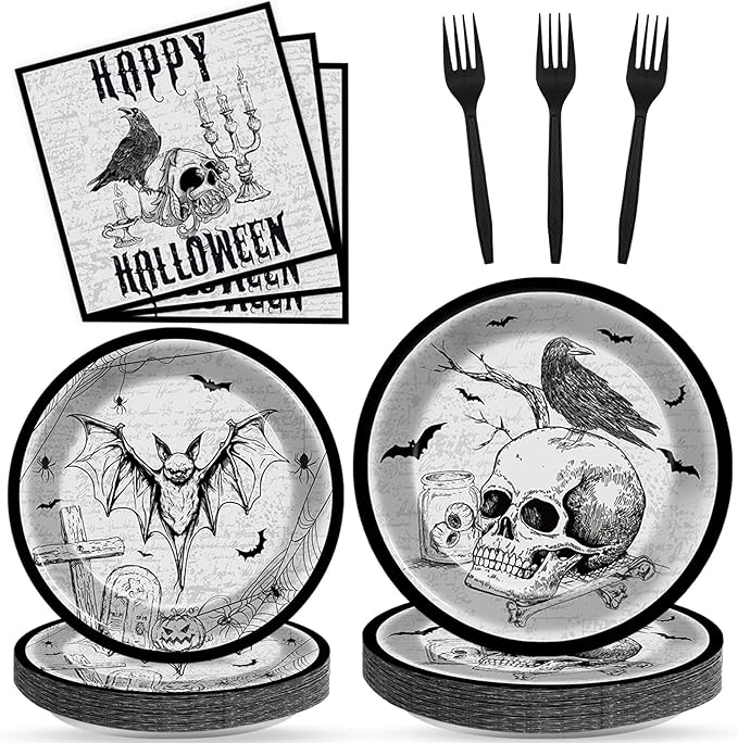 gisgfim 96 Pcs Halloween Plates and Napkins Party Supplies Vintage Skull Bat Dessert Paper Disposable Party Tableware Set Day of the Dead Ghost Halloween Birthday Decorations Favors for 24 Guests - sugar skull plates set