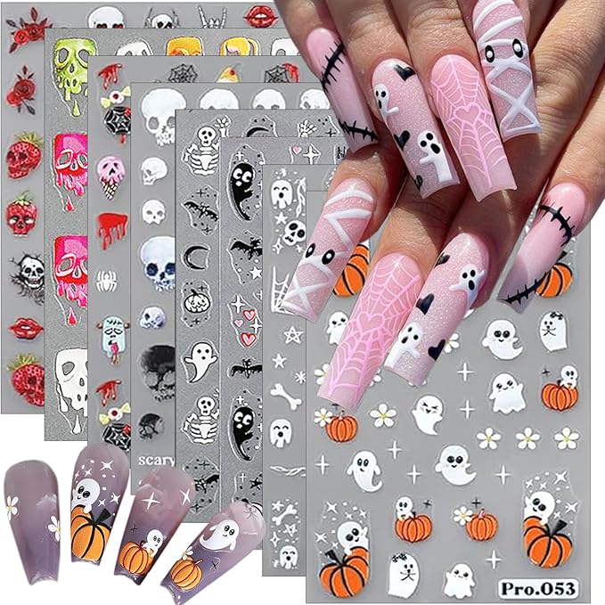 8Pcs Halloween Nail Stickers for Nail Art 3D Cute Ghost Nail Art Stickers Spooky Pumpkin Skull Nail Decals Black White Gothic Nail Design Stickers Halloween Nail Decoration Supplies for Women Manicure - sugar skull nail art