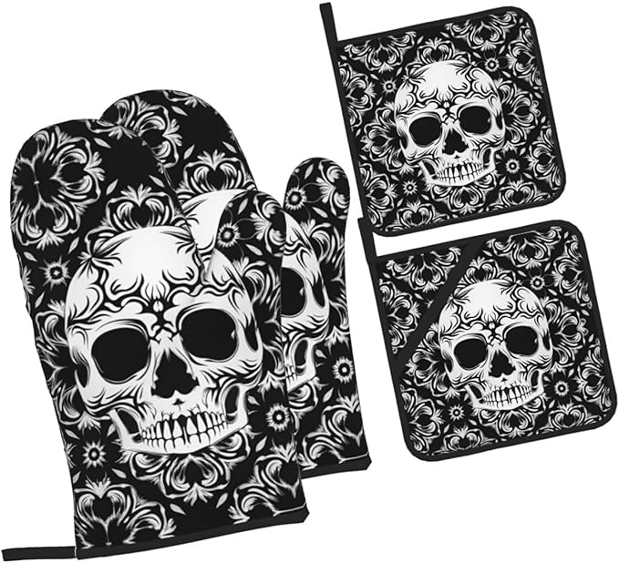 Gothic Skull Flower Halloween Oven Mitts and Pot Holders Sets of 4, Heat-Resistant Hot Pads Non-Slip BBQ Gloves for Kitchen Baking Cooking Grilling - sugar skull oven mitts