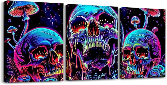 Gothic Canvas Wall Art Set of 3,Sugar Skull Framed Wall Art Exotic Mushroom Wall Decor Living Room,Goth Skeleton Poster Prints Artwork for Walls Rainbow Bone Hang Pictures Home Decor - sugar skull poster print