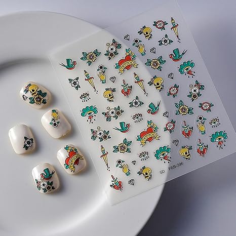 1 Pc Skull Nail Art Stickers, Halloween Nail Decals 5d Skull Knife Nail Supplies Flower Skeleton Eye Sword Halloween Nail Design Self-Adhesive Nail Accessories for Women Acrylic Nail Art Decoration - sugar skull nail art