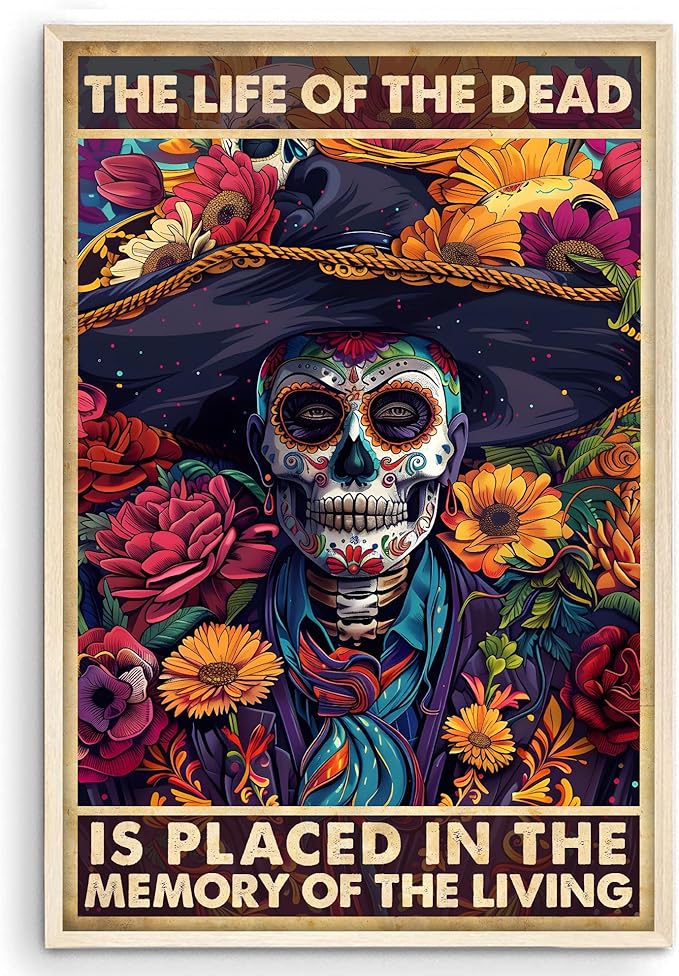 Eastern Print Vintage Suger Skull Wall Art Poster, Mexican Day of The Dead Prints, Dia De Los Muertos Party Decoration, Sugar Skull Halloween Wall Decor For Home Pub Bar Club Living Room (UNFRAMED) - sugar skull poster print