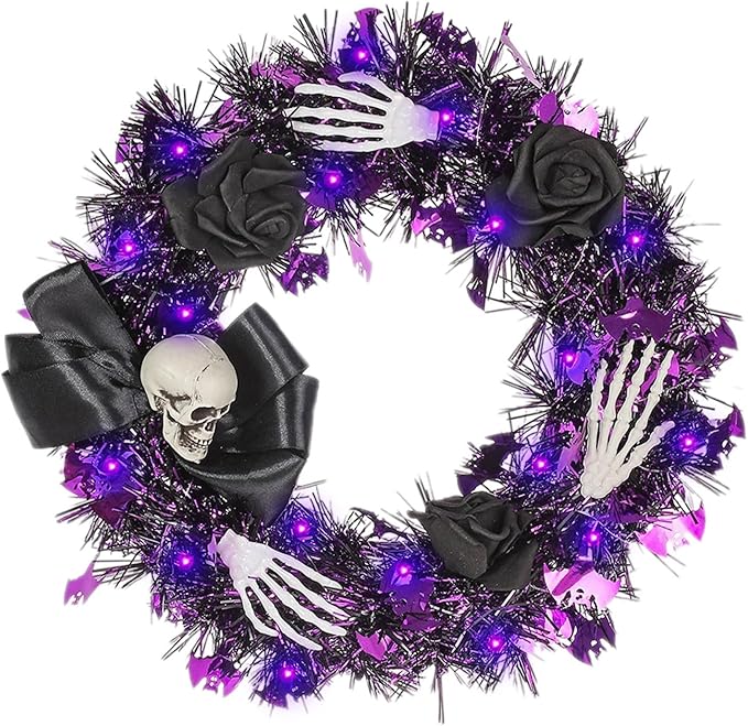 Halloween Wreath for Front Door with Lights,13 Inch Skull and Black Rose Wreath Halloween Decorations for Indoor Window Party Holiday Wall Home Decor (Black Rose) - sugar skull wreath for front door