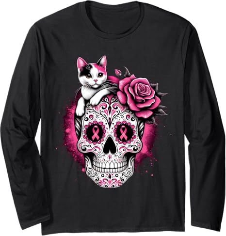 Cat Sugar Skull Breast Cancer Awareness - sugar skull t-shirt womens