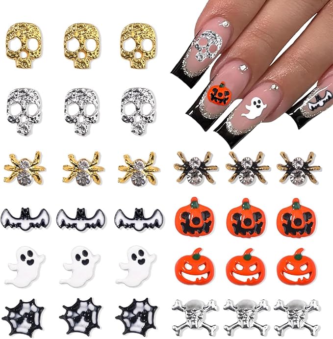 30Pcs Halloween Nail Charms Ghost Pumpkin Nail Art Charms Gold Silver Skull Spider Web Bat Nail Gems Halloween Nail Art Supplies Alloy Nail Art Decoration for Acrylic Nails for Women Girls - sugar skull nail art