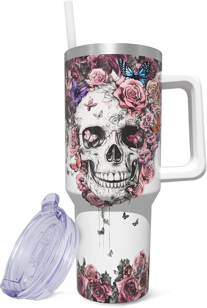 40 oz Tumbler with Handle and Straw, Stainless Steel Insulated Skull Tumbler 40 oz, Reusable Skull Coffee Mug with Leak Proof Lid, Skull Gifts for Women - sugar skull tumbler with straw