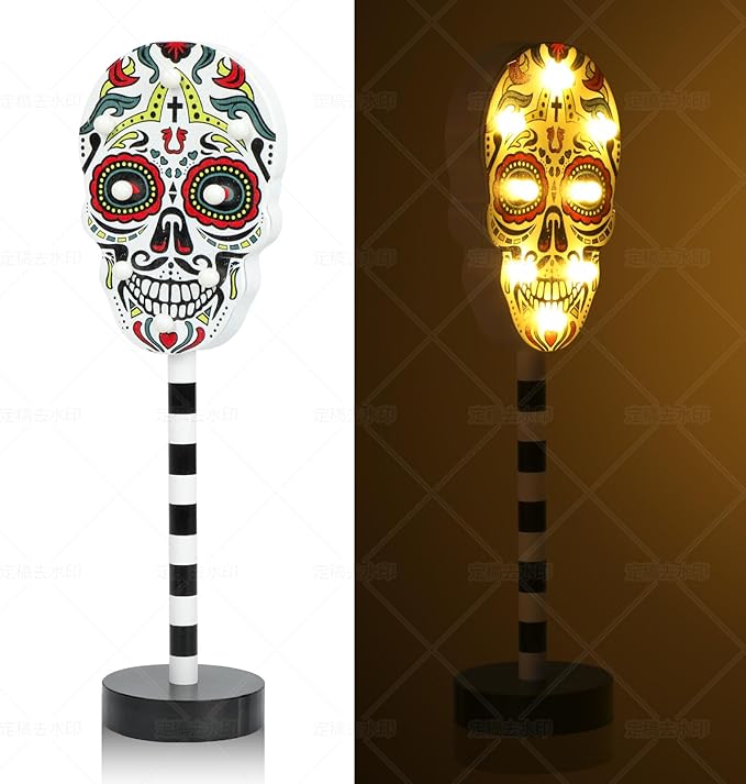 Sugar Skull Light Wooden Centerpiece, 13in Mexican Fiesta Large LED Tabletop, 13x4.3in Table Topper Decorations for Day of the Dead Dia De Muertos Altar Halloween Carnival Decor Party Supplies - sugar skull figurine collectible